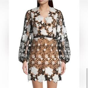 elliatt selah black & white lace embroidered long ballon sleeve mini dress small